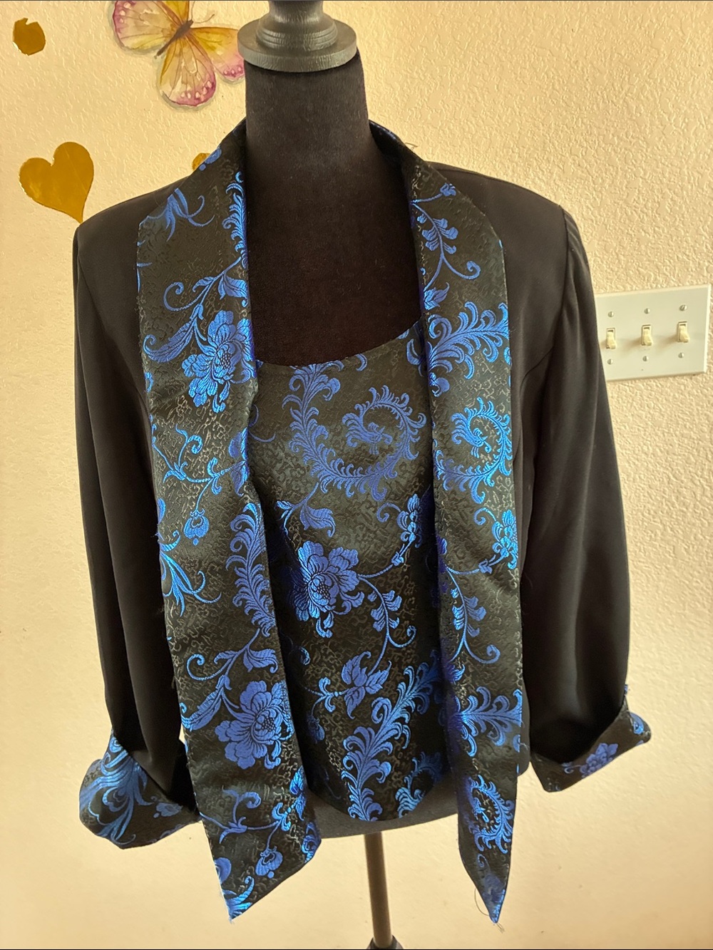 Black Blazer with Blue Floral Satin Trim - Women's Dress Jacket